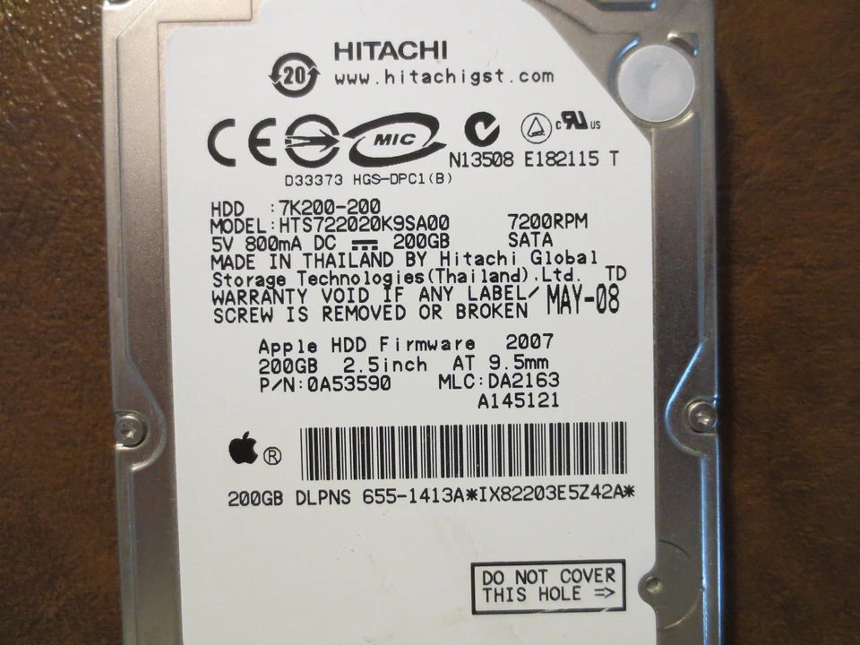 Hitachi HTS722020K9SA00 PN:0A53590 MLC:DA2163 Apple#655-1413A 200gb 2.5" Sata  - Image 1 of 1