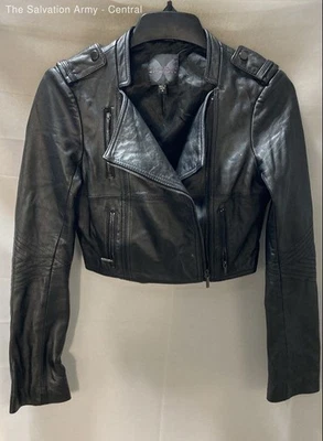 Jaqueta de motocicleta Bebe feminina couro preto manga longa zíper completo cropped tamanho M - Imagem 1 de 4