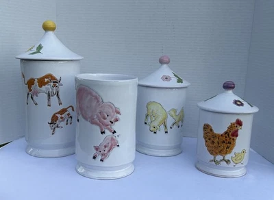 Vintage Italian Invento Italy Pottery Canisters Farm Animals For Nursery - Image 1 of 4