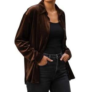 Impressions Brown Velvet Button Down Shirt Womens Large Blouse Top - Picture 1 of 4