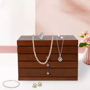 Treasure Jewelry Chest Organizer 4 Tier Vintage Wooden Storage Box With Mirror - Picture 1 of 15