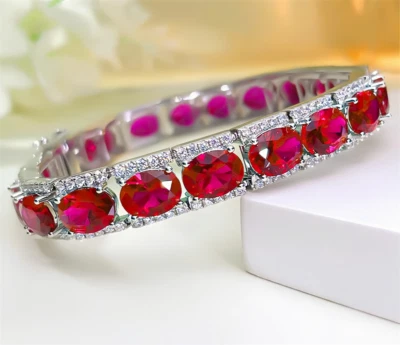 AAAA+ Oval Ruby Sterling Silver Bracelet Lab-Created Red Corundum Ruby Bracelet - Image 1 of 4