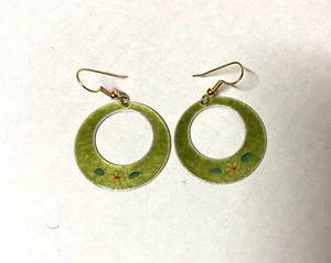 Large Round Hoop Handpainted Guilloche Enamel dangle earrings-Olive Green hoop - Picture 1 of 4