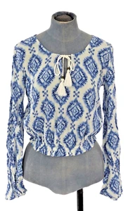 Hollister Boho Blouse Top Tasselled Cropped Festival Cotton White Blue size XS - Picture 1 of 10