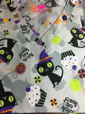 SCRUB TOP SIZES: S, M, L, XL HALLOWEEN CAT NWT TRICK OR TREAT NURSE VET CNA Cats - Image 1 of 4