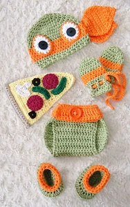 Traje/disfraz bebé tortuga ninja inspirado en Miguel Ángel de crochet TMNT - Imagen 1 de 16
