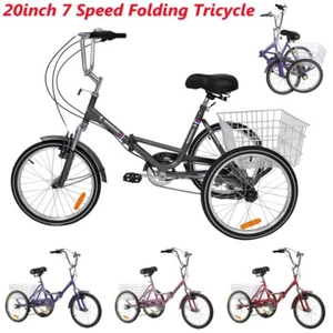 Foldable Adult Tricycle 20''/24''/26'' Folding 7-Speed 3 Wheel Bikes w/ Basket - Picture 1 of 24