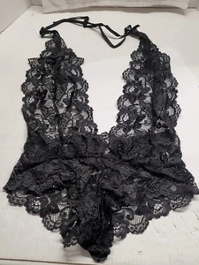 Damen Neckholder Sexy Schwarz Blumen Spitze Durchsichtig Dessous Einteiler Größe Small - Bild 1 von 9