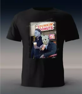 Halloween Michael Myers/ Jason Vorhees Funny At the Donut Shop Black T-shirt - Picture 1 of 2