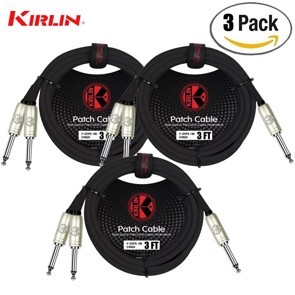 PACK de 3 cables Kirlin de 3 pies 1/4" mono a doble 1/4" mono sin ruido Y-321 PR-03/BK Foto 1 de 1