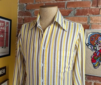 1970s Striped Men's Disco Vintage SEARS Long Sleeve Yellow, Brown & White MEDIUM - Image 1 of 4