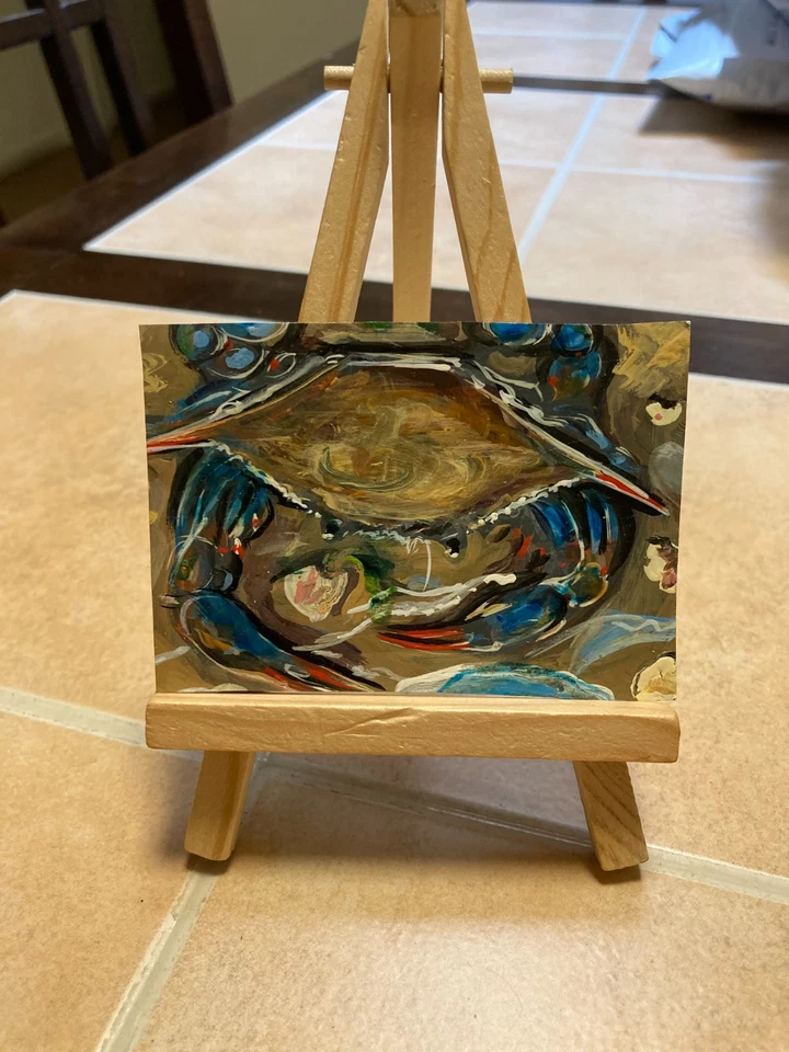 Tarjeta de arte de pintura ACEO original de medios mixtos ATC Lowbrow abstracto 24 cangrejo de océano Foto 1 de 1