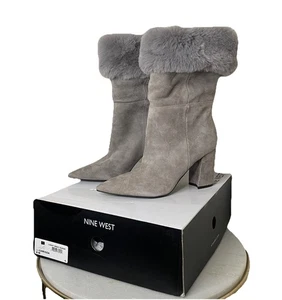NIB Nine West Chrissa Light Gray Suede  & Faux Fur Cuffed Heeled Boots Sz 8 NEW - Picture 1 of 15