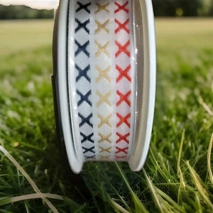 Tan, Navy And Red X Design Wired Acetate ribbon 1" By 25M/82FT made in France - Picture 1 of 4