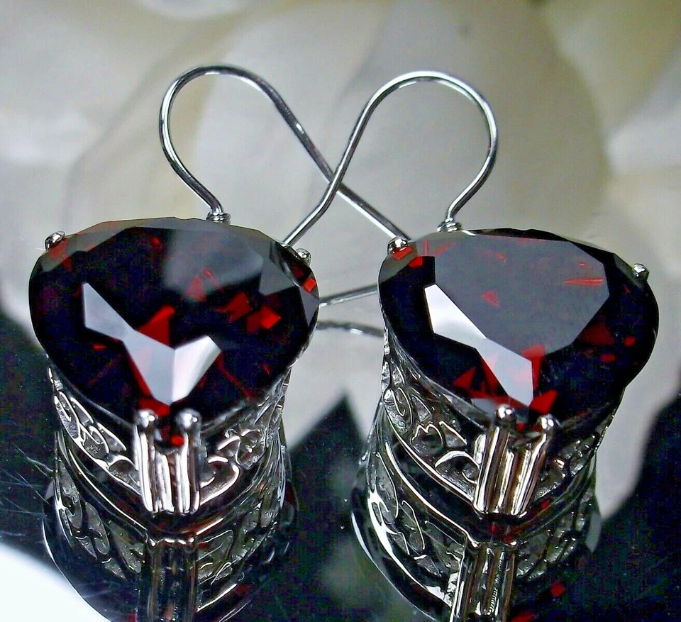 Brincos de gota de filigrana de prata esterlina coração granada vermelha CZ (feitos sob medida)* E38 - Imagem 1 de 4