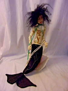 Handmade Cloth Doll Sitting on Seashell, Mermaid Black Hair Very Unusual Good - Picture 1 of 7