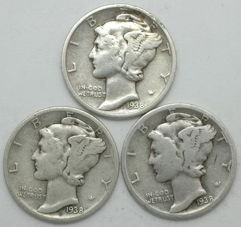 1938-P-D-S Winged Liberty Mercury Silver dime mint year set of 3 coins Cover