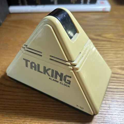 Vintage 80s Talking Alarm Clock T-10 Triangle Pyramid White and Black. Works! Cover