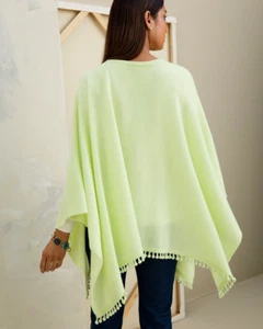 NWT Chico’s Cashmere Pom Pom Trim Poncho Sweater Scarf Lime  Green Sz S/M - Picture 1 of 11