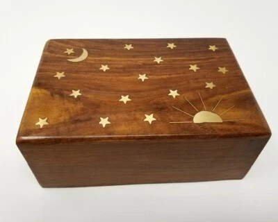 AZUREGREEN Celestial Stars Sun & Moon Brass Inlay Wooden 4x6 Jewelry Cards Trinket Box