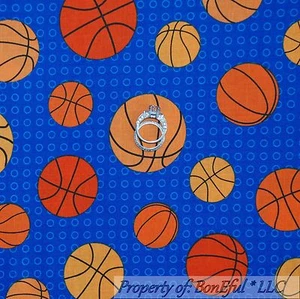 BonEful Fabric FQ Cotton Quilt Blue Orange US Basketball Sport School Dot Calico - Picture 1 of 8