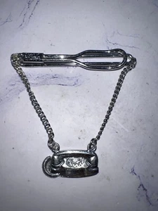 Vintage Antique 925 Sterling Silver Tie Clip w Rotary Telephone Charm Chain - Imagen 1 de 3
