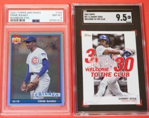 Ernie Banks 2001 TOPPS RAINBOW FOIL CARD #d68/150 PSA 8 + Sammy Sosa SGC 9,5 GEMA - Imagen 1 de 6