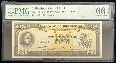 Philippines 100 Pesos 1949 Pick# 139a PMG: 66 EPQ GEM UNC. #PL2827 - Image 1 of 2
