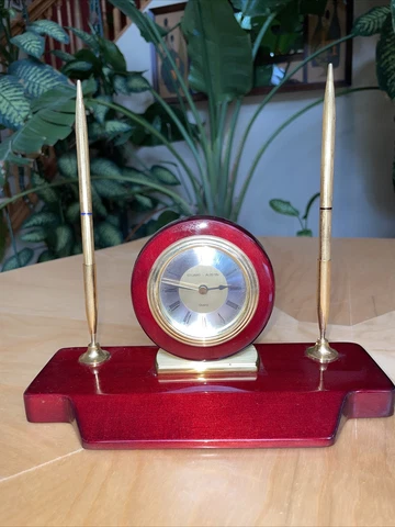 Vintage Stuart-Austin Mantle 2 Gold Pen Holder Quartz Clock Used Cherry Wood Cover