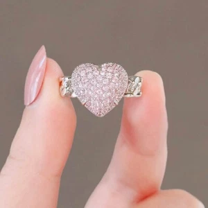 925 Silver Plated Adjustable Pink Heart Open Ring for Women,Love Heart Rings - Picture 1 of 7
