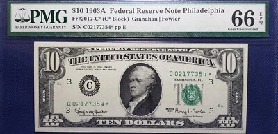 Fr#2017-C* 1963A *STAR* $10 FRN Philadelphia (SN:C02177354*) PMG GEM 66 - Image 1 of 2