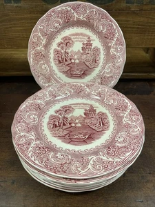 Vintage Set 8 Enoch Wedgewood Red Pink Transferware 6” Plate England River Scene - Bild 1 von 21