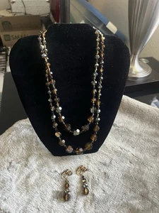 Conjunto de collar y pendientes de clip de cristal facetado de topacio ahumado vintage años 50 cuentas AB - Imagen 1 de 9