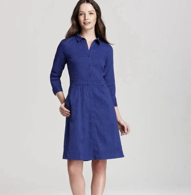 Eileen Fisher Linen Blend 3/4 Sleeve Collared Button Up Blue Dress Size XS - Image 1 of 4
