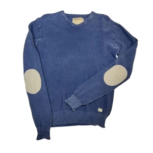 Farbe Siete Herren Struktur Baumwolle V-Ausschnitt Pullover Ellenbogen Patches Blau Small - Bild 1 von 13