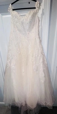 Off The Shoulder Beaded W/ Sheer Mesh Overlay & Mini Train Wedding Gown Size 16W - Image 1 of 4