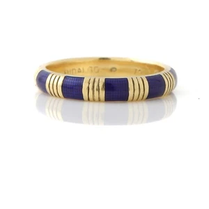 Hidalgo Blue Enamel Striped Ribbed Ring 18k Yellow Gold Sz. 6 - Picture 1 of 4