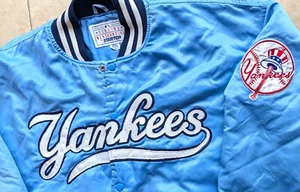 NY New York Yankees 90s STARTER satin BABY BLUE bomber jacket 2XL MLB vintage - Picture 1 of 7