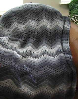 NEW HAND CROCHET SHADES OF GRAY MULTI COLOR RIPPLE AFGHAN LAP BLANKET THROW - Image 1 of 4