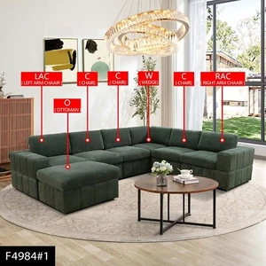 Green Corduroy 7-Pieces Living Room Sofa Set-F4984①# - Picture 1 of 7