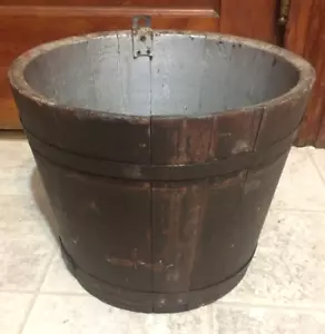 Antique WOODEN SAP BUCKET with Metal Bands & Hanging Hook Tongue and Groove - Picture 1 of 3