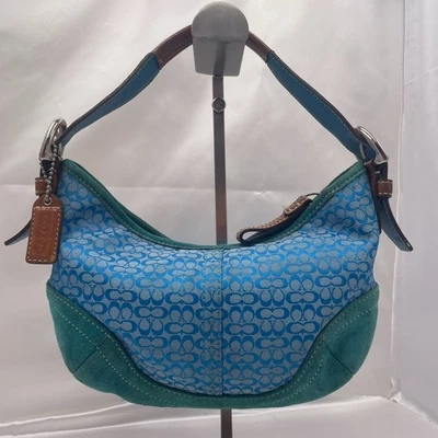 Bolsa de ombro COACH 6351 Hobo mini assinatura lona couro azul - Imagem 1 de 4