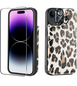 PU Leather iPhone 14 Plus Card Holder Case with Screen & Camera Lens Protectors - Picture 1 of 7