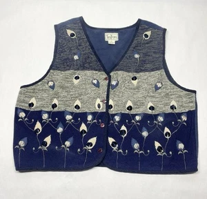 Vintage blau Blatt bestickt Strick Knopf Weste Cardigan Größe 1X Oma Landhaus Boho - Bild 1 von 22