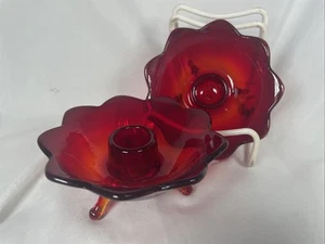 Vintage Fenton Glass Ruby Red #848 Petal Rim Footed Candle Holder Lotus Glows - Picture 1 of 10