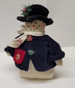 Snowman Frosty Dark Blue Velvet Coat Black Hat Weighted Bottom 6 1/2 in tall - Picture 1 of 7