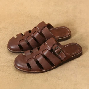 Roman Style Real Leather Men Buckle Strap Weave Colosed Toe Sandal Slipper Shoes - Picture 1 of 23