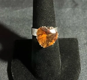 Large Orange Citrine Heart Adjustable Stainless-Steel Ring - Size 7 - Picture 1 of 7