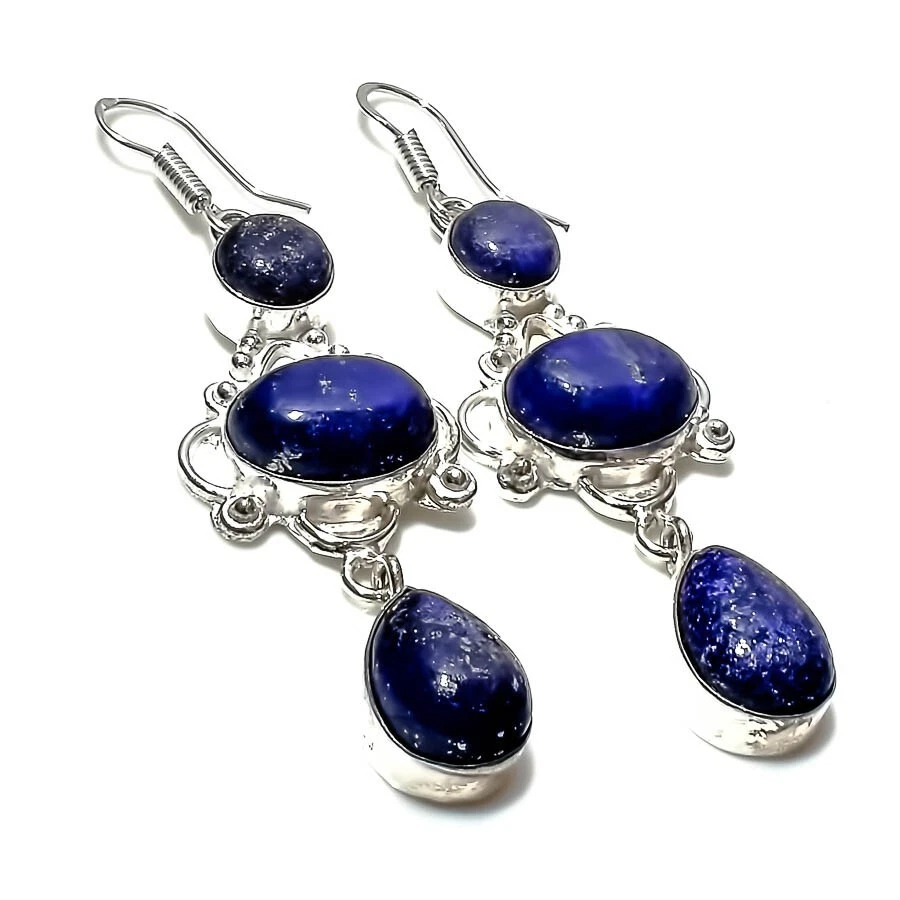 Ювелирные серьги ручной работы из стерлингового серебра 925 пробы с драгоценными камнями лазуритом размер 2,60 дюйма - Изображение 1 из 1