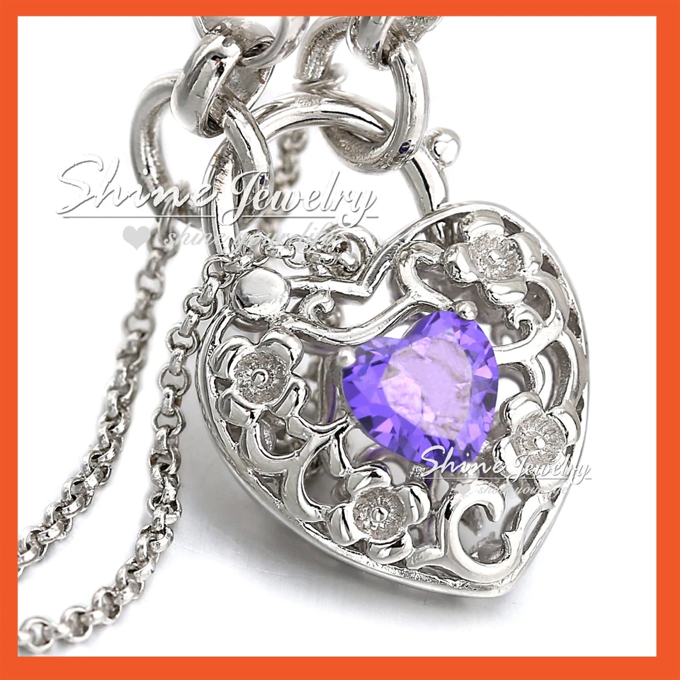 18K WHITE GOLD GF PURPLE AMETHYST CRYSTAL PADLOCK BELCHER CHAIN BANGLE BRACELET Foto 1 de 4